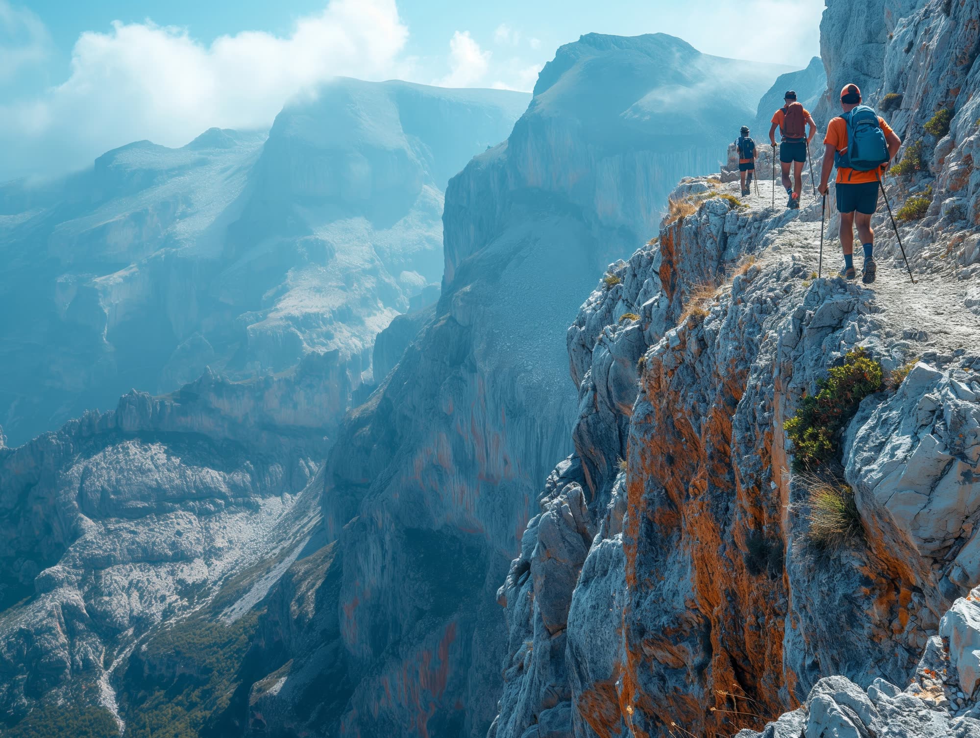 Grupo de corredores de trail avanzando por una cresta de montaña